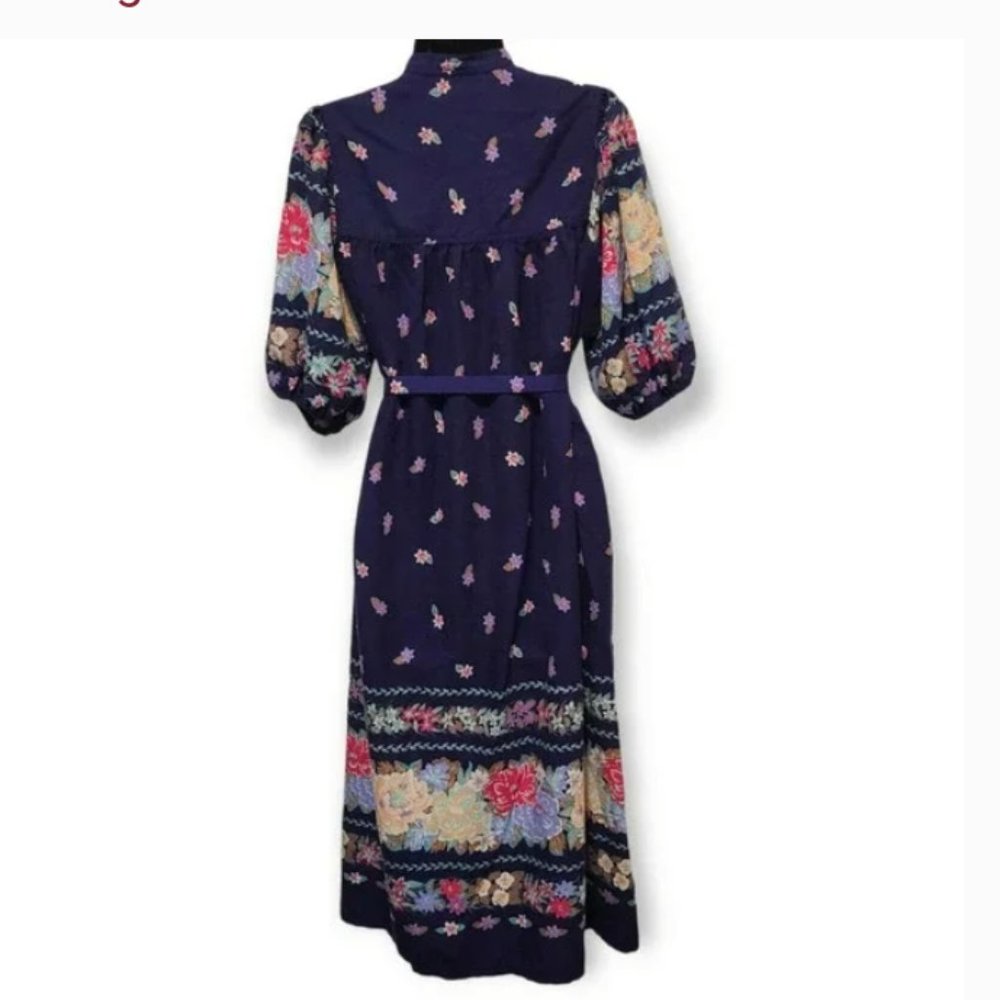 Robbie Bee Blue Floral Belted Puff Sleeve Cottagecore Dress Small - Picture 3 of 6